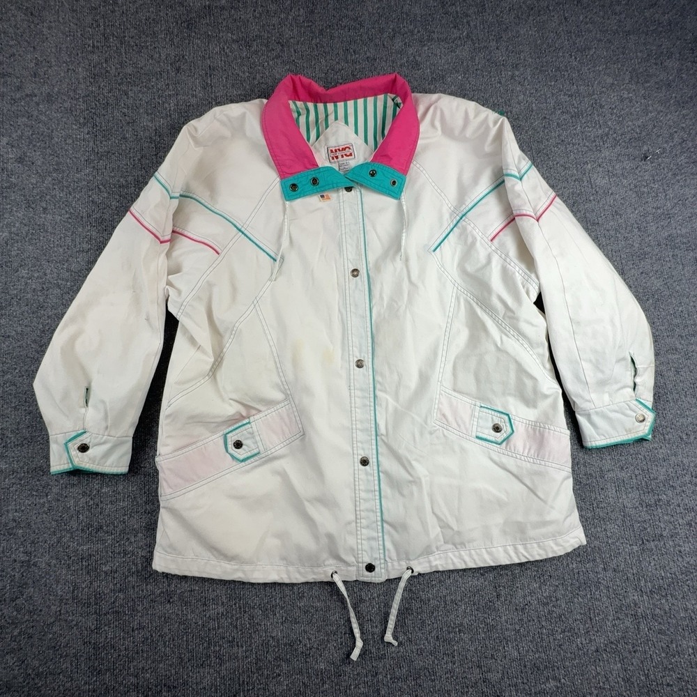 Vintage New York Girl Jacket Womens Plus 2X White Pink Teal Snap Front Canvas